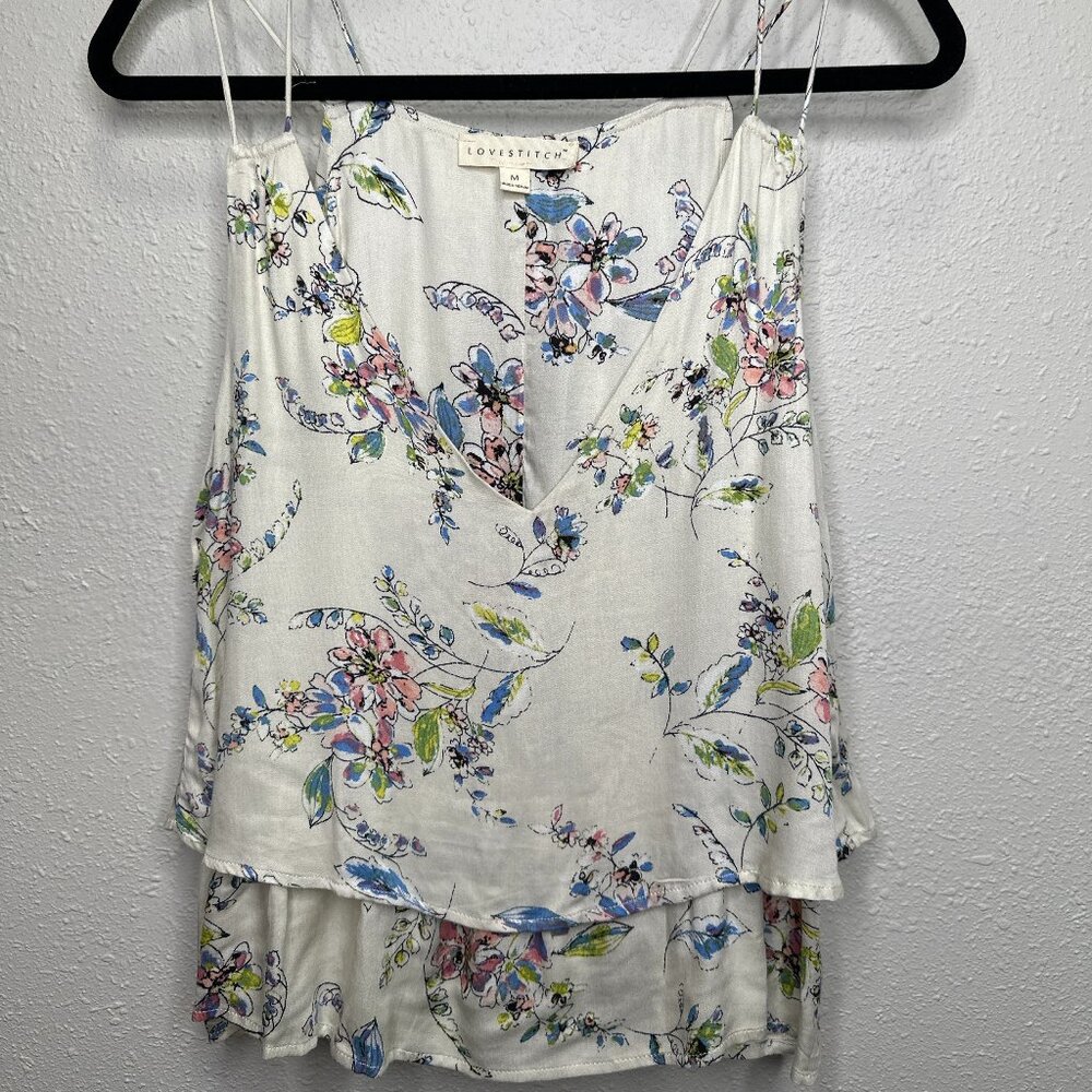 Lovestitch Floral Tiered Ruffle Cami – White Multicolor, 100% Rayon, Size M
